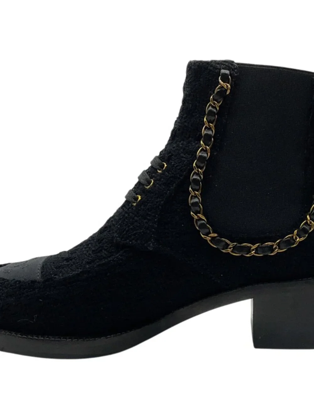 Chanel Black Tweed Chelsea Boots with Gold Chain Detail